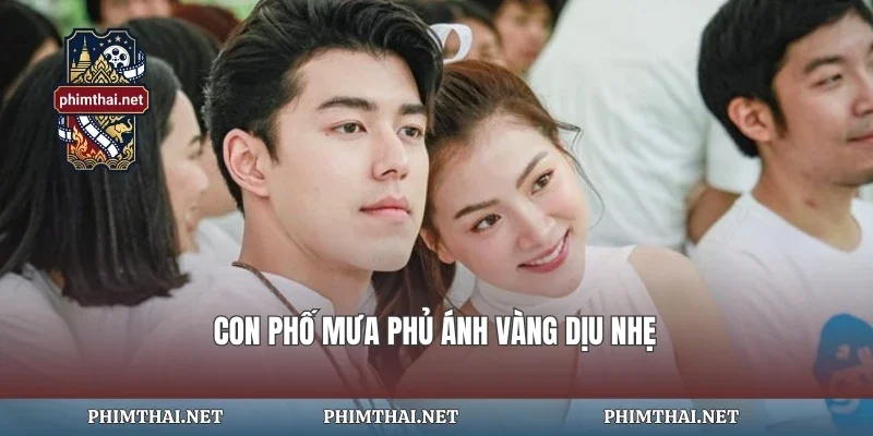 Con phố mưa phủ ánh vàng dịu nhẹ
