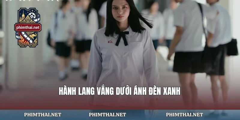 Hành lang vắng dưới ánh đèn xanh